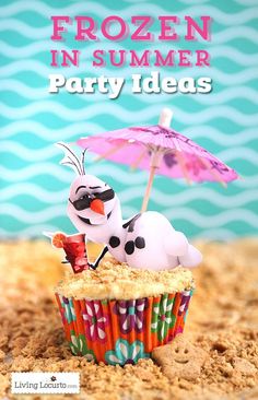 there is a cupcake with an image of a snowman on it and the words frozen in summer party ideas