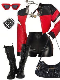 Autumn And Winter Casual Street Motorcycle Style Round Neck Long-Sleeved Off-Shoulder Ultra-Cut Black And Red PU Women's Jacket-E Multicolor Casual  Long Sleeve Woven Fabric Colorblock,Striped Other Non-Stretch  Women Clothing, size features are:Bust: ,Length: ,Sleeve Length: Moto Outfit Women, Red And Black Y2k Outfits, Black And Red Outfit Casual, Red And Black Outfits For Women, Black White And Red Outfits, Motorcycle Style Women, Winter Baddie Outfits Going Out, Red Y2k Outfit, Female Rockstar Outfit