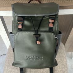 Brand New - Never Worn - No Scratches/Wear. Beautiful Hunter Green And Charcoal Grey Backpack With Brown Leather Accent. Very Comfortable And Perfect For Travel - Lots Of Compartments. Genuine Leather - Authentic Coach Brand. Grey Backpack, Small Leather Backpack, Coach Backpack, Women Backpack Fashion, Daypack Backpack, White Backpack, Day Backpacks, Grey Backpacks, Leather Rucksack