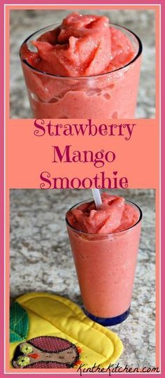 strawberry mango smoothie in a glass with strawberries on the side and text overlay