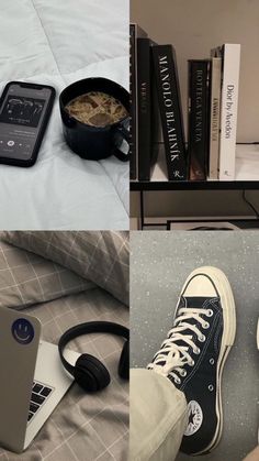 there are four different pictures with books and laptops on the bed