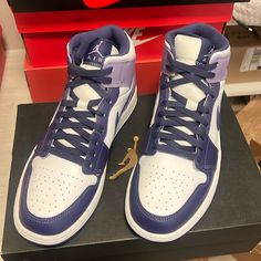 Brand New Sz 10 Air Jordan 1 Mid ‘Sky J Purple’ W/ Box Dark Iris Jordan 1, Nike Jordan Lavender, Purple Jordans Mid, Light Purple Jordans 1, Jordan 1 Mid Violette, Lavender Jordan Retro 1, Air Jordan 1 Light Purple, Jordan Shoes For Women Purple, Air Jordan 1 Mid Violet