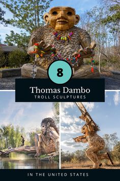 three images with the words thomas dambo troll sculptures in front of them and an image of