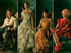 four different pictures of people dressed in formal clothing and sitting on chairs, one wearing a dress with ruffles