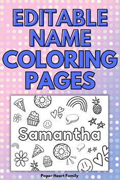 an adult coloring book with the title'editable name coloring pages'in blue and pink