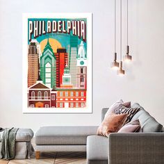 a living room filled with furniture and a large poster on the wall above it that says philadelphia