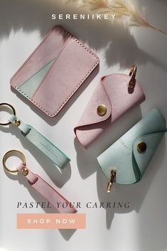 three pastel colored purses and keychains are on display with the text pastel your caring shop now