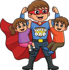 a man and two children dressed as superheros with their arms up in the air