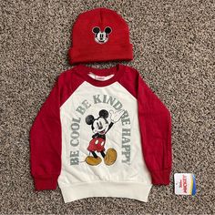 New With Tags Mickey Mouse Toddler Boy Sweatshirt “Be Cool Be Kind Be Happy” Long Sleeve Crew Neck With Matching Red Hat Size 3t Clean Smoke Free Pet Free Home Same Day Shipping Playful Mickey Mouse Top For Winter, Playful Mickey Mouse Winter Tops, Playful Mickey Mouse Winter Top, Winter Letter Print Top For Playwear, Winter Tops With Letter Print For Playwear, Casual Mickey Mouse Tops For Playtime, Cotton Mickey Mouse Tops For Playwear, Fun Winter Tops For Playwear, Fun Winter Playwear Tops