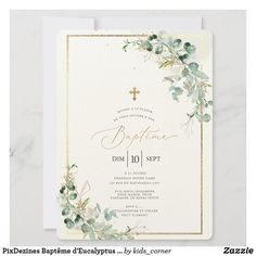 PixDezines Baptême d'Eucalyptus Rustique Aquarelle Invitation Recuerdos Primera Comunion Ideas, Confirmation Invitations, Communion Invitations, Baptism Invitation, Boy Baptism, Calligraphy Script, Card Invitation, Baptism Invitations