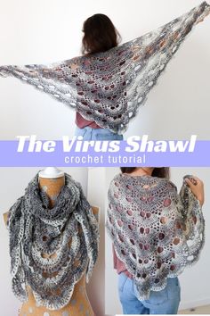 a woman is wearing a shawl made from crochet yarn and has the words, the virtus shawl written below it