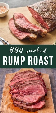 bbq smoked rump roast on a cutting board with the words bbq smoked rump roast