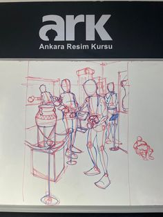 a drawing of people standing in front of an art exhibit sign that reads ark akara reiim kursu