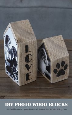 two wooden blocks that have photos on them and the words love written in black ink