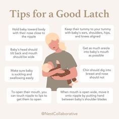 a woman holding a baby in her arms with the words tips for a good latch