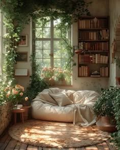 a living room filled with furniture and lots of plants on the windows sills