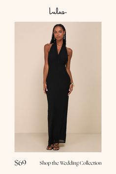 a woman in a long black dress with the words shop the wedding collection on it