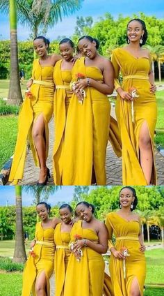 four women in yellow dresses posing for the camera with their arms around each other and one woman