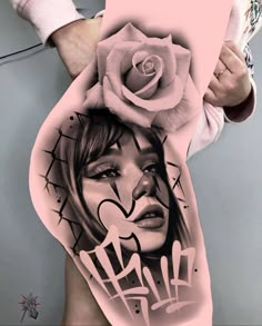 a woman's stomach with a rose on it and an image of a face