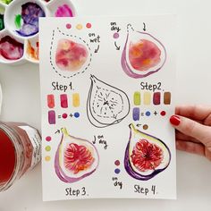 a person holding up a paper with some fruit on it and watercolors in the background