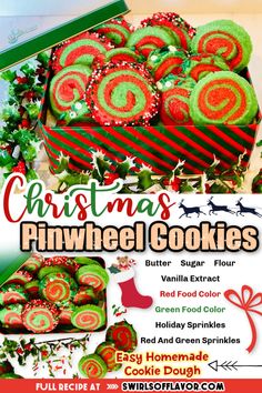 Christmas Pinwheel Cookies make the holidays even more festive! An easy homemade cookie dough is tinted with holiday colors and rolled into pinwheels. Just roll, slice and bake. So much fun for the holidays! Colorful Christmas cookies! #christmas #holidaybaking #christmascookies Pinwheel Christmas Cookies, Pinwheel Cookies Christmas, Christmas Pinwheel Cookies, Christmas Morning Brunch, Homemade Cookie Dough, Easy Homemade Cookies, Christmas Drinks Recipes, Homemade Cookie, Pinwheel Cookies