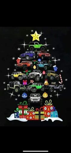 a christmas tree made out of cars and presents