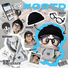 an advertisement for a cell phone with pictures of people wearing glasses and hats on it