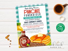 a pancake fundraiser flyer is shown on a table with coffee and other items around it