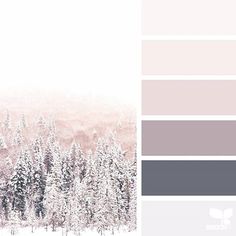 the color palette is pink, grey and white with trees in the snow on it