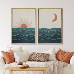 Sun And Moon " Shining Sun And Crescent Moon Over Teal Ocean Waves " 2 - Pieces Dorm Pictures, Ocean Bedroom, Ocean Wave Wall Art, Waves Abstract, Art Above Bed, Colorful Frames, Shared Room, Bedroom Retreat, Painting Inspo