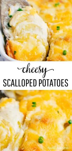 cheesy scalloped potatoes in a white casserole dish