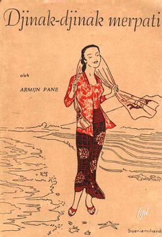 an old book with a drawing of a woman in a red dress on the beach