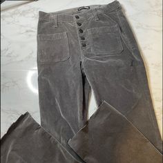 These Cute Grey Corduroy Pants Have Never Been Worn! They Have A Long Button Seem And Wide Legged Distressed Cut Bottom Gray Corduroy Pants Outfit Women, Corduroy Bottoms With Buttons For Work, Casual Pants With Snap Buttons For Fall, Casual Fall Pants With Snap Buttons, Trendy Button-up Bottoms For Fall, Cotton Button-up Bottoms, Button-up Cotton Bottoms, Trendy Full-length Pants With Buttons, Full Length Bottoms With Button Closure For Fall