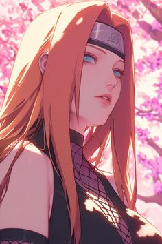 an anime character with long red hair and blue eyes standing in front of pink flowers