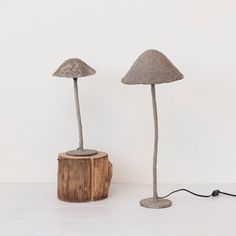 two lamps sitting next to each other on top of a wooden stump in front of a white wall