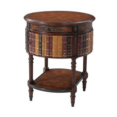 a wooden table topped with lots of books