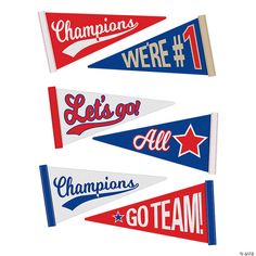 four pennants with the words champs were 1, 2, 3, and 4