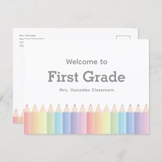 a welcome card for first grade students with colored pencils on the front and back