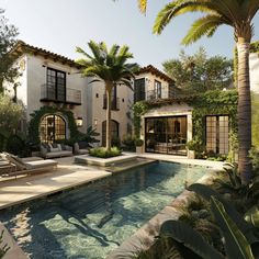 an outdoor swimming pool with lounge chairs and palm trees in front of a large house