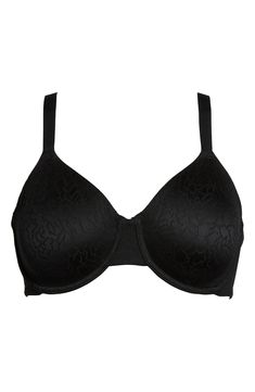 A smooth knit with a lacy look elevates this everyday-essential bra featuring a soft lining and a hidden sling in the cups for extra side support. The straps are slightly set in at the back to keep them from slipping off the shoulder. Lined 86% nylon, 14% spandex Hand wash, line dry Imported Classic Full Cup Bra With Built-in Support, Elegant Full Coverage Seamless Bra, Elegant Seamless Stretch Nursing Bra, Elegant Padded Stretch Bra, Elegant Black Nursing Bra With Adjustable Straps, Elegant Seamless Underwire Bra, Classic Black Seamless Bra, Classic Padded Stretch Bra, Elegant Fitted Seamless Nursing Bra