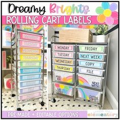 two metal rolling cart labels are shown with the words,'dream brighter rolling cart labels '