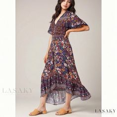 Lasaky - Irregular Flared Dress with Floral Print Collar Irregular Skirt, Party Dress Long Sleeve, Long Sleeve Casual Dress, Printed Cotton Dress, Irregular Hem, Ruffled Collar, Floral Print Maxi Dress, Ruffled Maxi Dress, Collar Designs