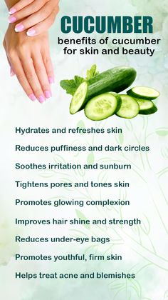 Cucumbers aren't just refreshing snacks—they're packed with health and beauty benefits! Rich in water and essential nutrients, cucumbers help hydrate and rejuvenate your skin, reduce puffiness, and give you a radiant complexion. They also support digestion, boost metabolism, and offer powerful antioxidants to fight inflammation. Whether you're looking to improve your skin, promote general wellness, or enhance your beauty routine, cucumbers are the natural, nutrient-rich solution. Discover how adding cucumbers to your diet can transform your skin and boost your overall health. Healthy skin Cucumber benefits Glowing skin Beauty tips Hydration for skin Anti-aging foods Natural skincare Superfoods for beauty Skin health tips Radiant skin Nutrient-rich foods Healthy lifestyle Skin hydration Cucumber Skin Benefits, Cucumber On Face Benefits, Benefits Of Cucumber Water, Cucumber For Skin, Benefits Of Cucumber, Cucumber Water Benefits, Cucumber Health Benefits, Cucumber Benefits, Food For Glowing Skin