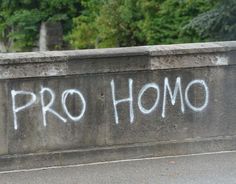 graffiti on the side of a concrete wall that says, pro homo written in white spray paint