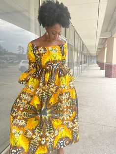 "African print Ankara full length maxi dress with pockets hand made dress Pleated waist  Yellow background with other multi color print  Model is wearing size 10 6 ft African Ankara full length long Dress handmade women dress with sides pockets multi color  print. Contact me for other sizes or if you want different body measurements.  Poly cotton fabrics  Check the measurement before purchasing.  Please take your measurements before you order. Please don't assume that you know your measurements because every store has their own size guide.  Let me know within 3 days after receiving the item that you want to return it. Cancel order within 12 hours after purchase. Item must be returned within 7 days after receiving. Buyer pay return cost Size Chart  Dress length 57 to 60 inches  US 2 (Waist Printed Yellow Maxi Dress, Ankara Dress Long, Long Dress African, Ankara Short Gown Styles, Maxi Dress With Pockets, Dress African, Made Dress, African Ankara, Short Gowns