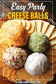 easy party cheese balls on a platter with crackers