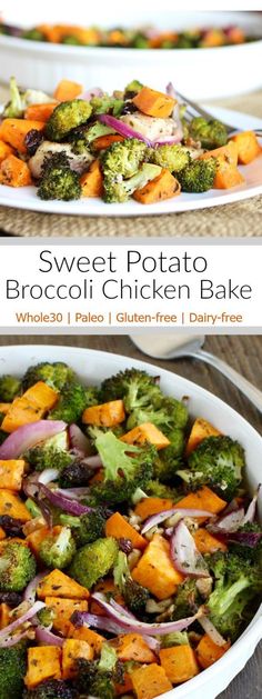 sweet potato broccoli chicken bake with red onions and baby broccoli