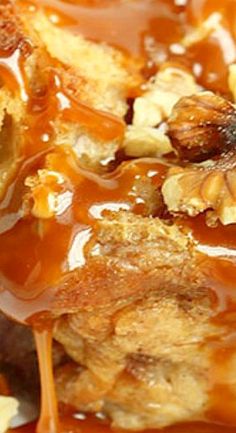 the food is covered with caramel sauce and nuts