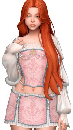 a woman with long red hair wearing a pink dress and holding her hand on her chest