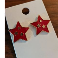 Express Red Star Shape W/ Gold-Toned Stars Stud Earrings. New! Red Star-shaped Earrings For Party, Red Star-shaped Party Earrings, Red Star Charm Earrings For Gift, Red Star-shaped Earrings With Star Charm, Red Star Charm Earrings, Double Stud Earrings, Red Earrings Stud, Red Studs, Bronze Earrings